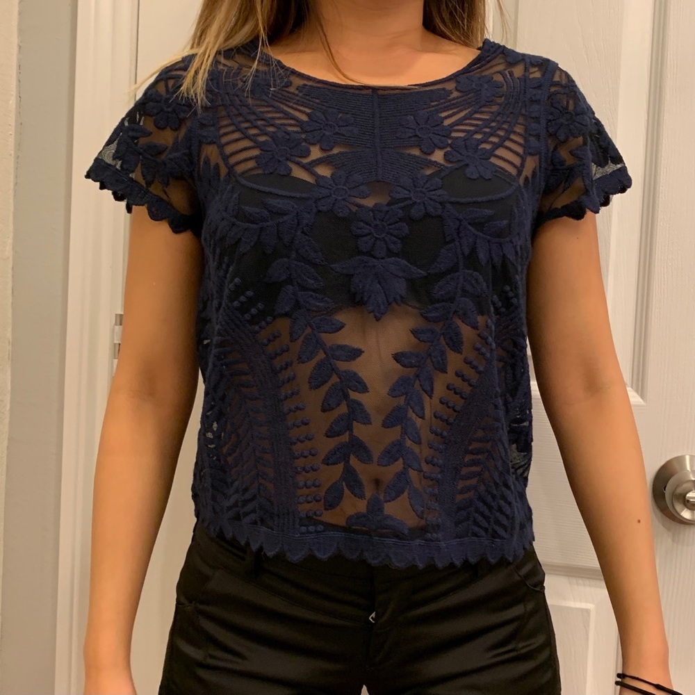 Express Blue Floral Embroidered Sheer Top
